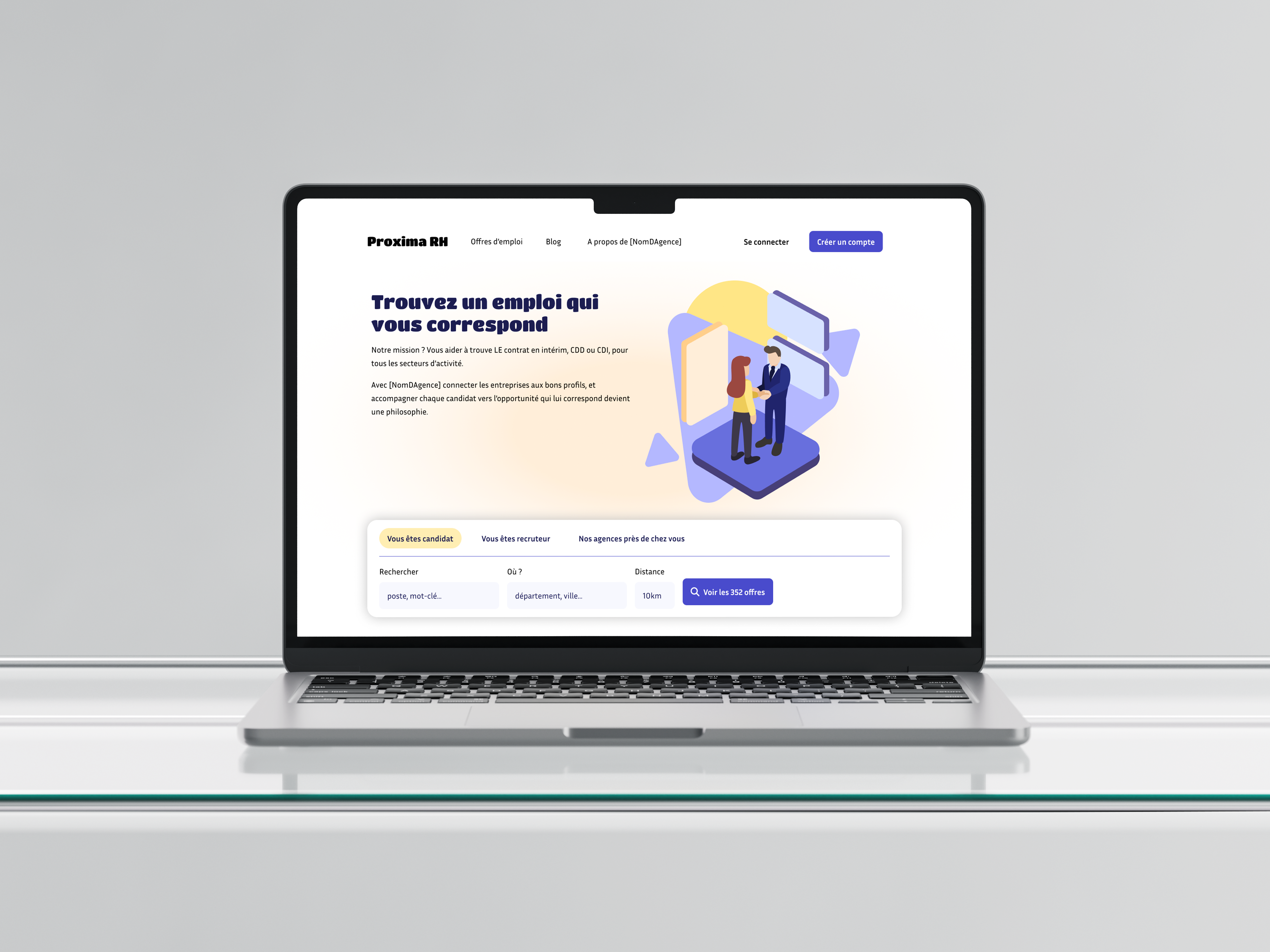  The landing page of Proxima RH, a fictive job agency in France created by Laura Bacher, UI/UX graphic designer.
                     webdesigner project manager. The image shows a laptop opened on the agency page, with a lottie style illustration
                     and a search bar.